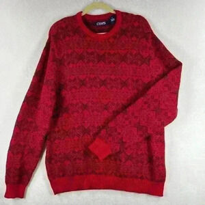 CHAPS Sweater Red/Black Men’s Size Large Nordic Snowflake Crewneck 100% Cotton